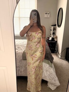 Floral Satin Slip Dress in Pale Yellow